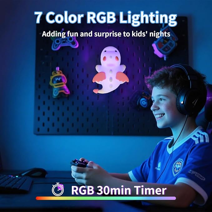Cute Dragon Kids Night Light, Dinosaur Silicone Lamp with 7 RGB Colors & Warm White, Portable Magnetic Night Light for Home, Rechargeable Decorative Mood Lamp, Birthday Gift for All Ages