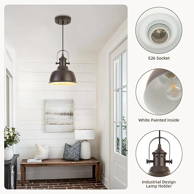 Farmhouse Small Pendant Lights, Oil Rubbed Bronze Pendant Lighting for Kitchen Island, lndustrial Adjustable Height Hanging Light for Barn, Dining Room, 3 Pack
