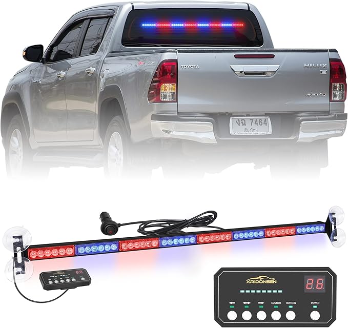 XRIDONSEN 35 inch Traffic Advisor Red Blue Police Lights 48 LED Emergency Strobe Light Bar Safety Hazard Warning Lights Front/Rear Window w/Display Controller for Law Enforcement Vehicles Trucks Car