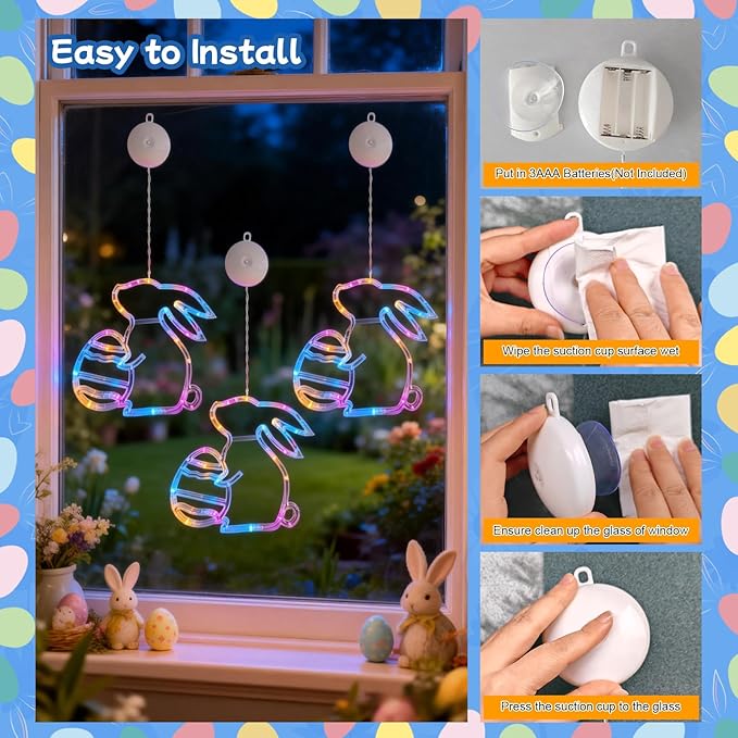 Easter Window Lights Decorations, 3 Pack Easter Hanging Window Decor Colorful Bunny Shaped Lights with Suction Cup, Indoor Battery Operated Bunny LED Holiday Lamp for Home Door Window (Multicolor)