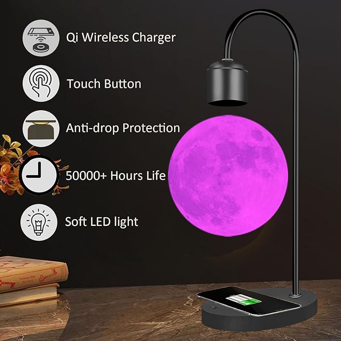 Magnetic Levitating Moon Lamp 15W Fast Phone Charging Pad Changeable 10 Colors Switchable Mix Colorful Colors with Touch KeyLevitation Floating 3D Moon Christmas Gift Office Home Decor