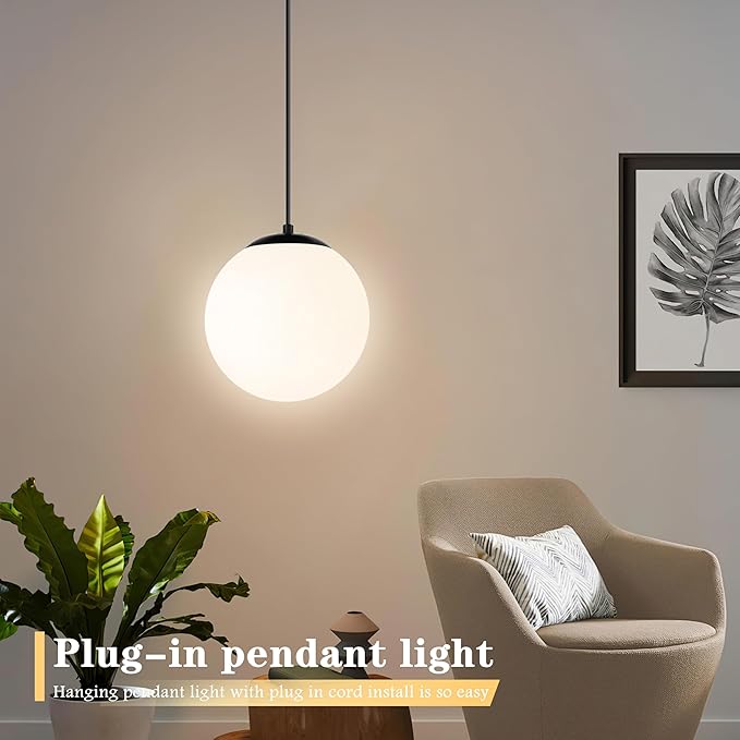 KoKo&Yukina 10" Globe Pendant Light Black Plug in Pendant Light Adjustable Hanging Lights with Plug in Cord Matte Black Finished with Milk Glass Lampshade for Bedroom Kitchen Island（Bulb Included）