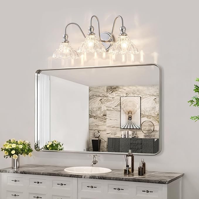 Vintage Bathroom Light Fixtures Over Mirror, 3-Light Brushed Nickel Wall Sconce Lighting with Flower Glass Shade, Farmhouse Vanity Lights for Bedroom Kitchen Living Room Hallway Light