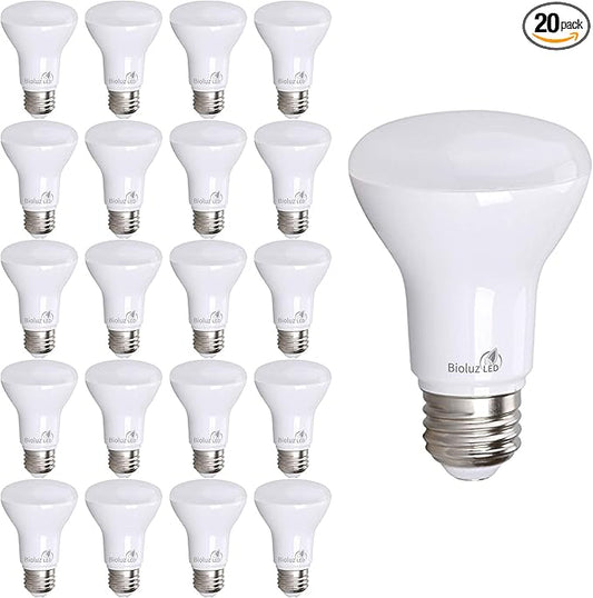 Bioluz LED BR20 LED Light Bulbs 20-Pack, 6W = 50W Replacement, 4000K Cool White LED Light Bulbs, 540 Lumens, 90 CRI, Dimmable, UL-Listed for Dimmable Light, Indoor/Outdoor, CEC Title 20 Compliant