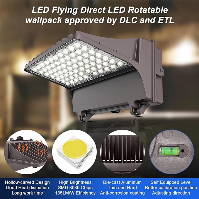 Full Cut-Off LED Wall Pack Light with Photocell, 120W/100W/80W/60W Selectable, 5000K Daylight IP65 Waterproof, 200-450W MH/HPS Equiv. Outdoor Commercial Wall Pack Light, AC100-277V, DLC ETL Listed