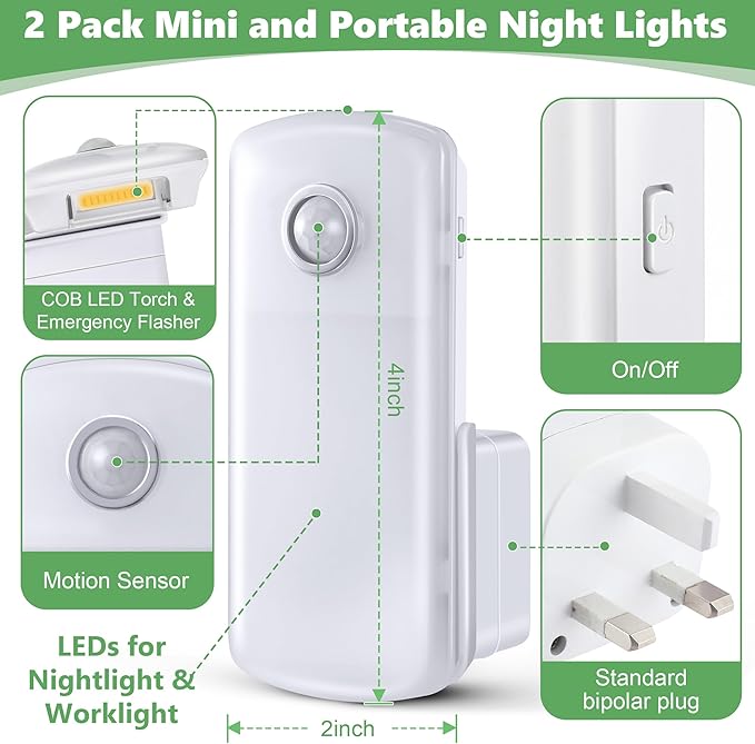 Enhon 2 Pack Emergency Power Failure Night Lights, Motion Sensor Night Light, Automatic Dusk to Dawn, Emergency Lights for Home, Bedrooms, Hallways, Black Outs, Rechargeable
