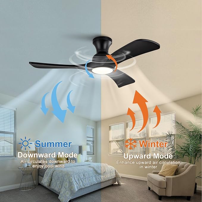 Black Ceiling Fans with Lights Flush Mount,42 inch Solid Wood,Remote Control,Wall Switch,Dimmable,Reversible,Noiseless,Power Off Memory Modern Ceiling Fan Low Profile for Bedroom Indoor/Outdoor