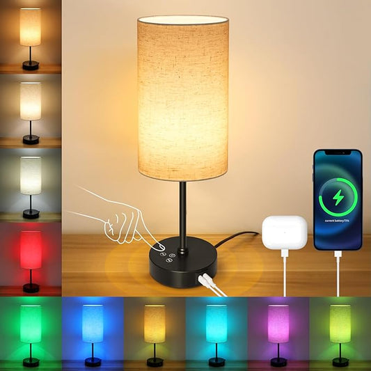 Unicozin 17Inch Table Lamp, 3 CCT 3000K/4500K/6500K & RGB Color Changing, Stepless Dimmable Bedside Lamp for Reading, Ambience Nightstand Light for Home Decor Party, Beige Shade