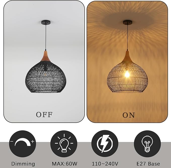 Large Black Rattan Pendant Light, 20" Rattan Chandelier Hand-Woven Wicker Pendant Light Fixtures with Solid Wood, Basket Hanging Lighting for Dining Room Kitchen Island Living Room