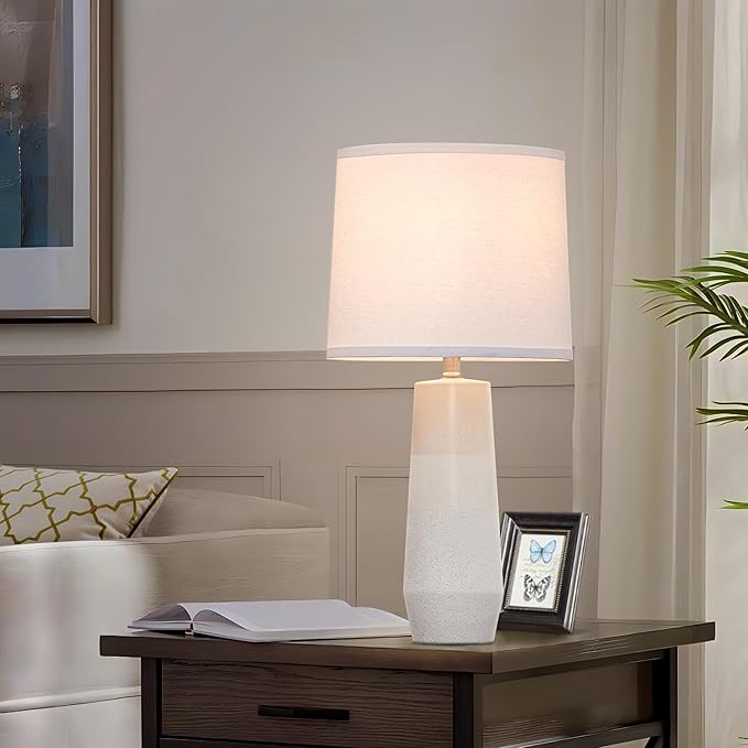 25.25" White Ceramic Table Lamps for Living Room, Ceramic White Lamps Set of 2 for Nightstand, Minimalist Beige Table Lamp Set of 2 for Bedroom, Console Reading Table Lamps