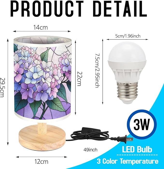 Hydrangea Table Lamp LED 3-Color Pressed Bedside, Hydrangea Shade Lamp with Wood Base for Bedroom Living Room Desk Office TL01