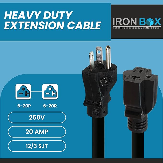 IronBox Electric - NEMA 6-20 Extension Cord - 12/3 SJT Jacket, 20A, 250V Cord - Compatible with Any Generator Equipped with a 6-20 Receptacle - Heavy Duty Extension Cable(Molded, 1 Foot)