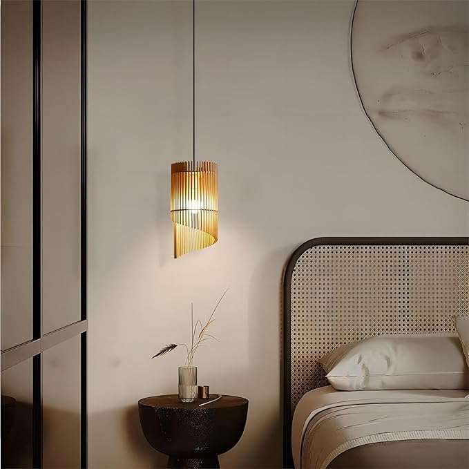 LIGHTLAND 7.9 Inch Wabi-sabi Style Pendant Light, Wooden Hanging Lamp, Vintage Japanese Style Hanging Light, Pendant Lamp for Bedroom, Dining Room, Bar (Pack of 1)