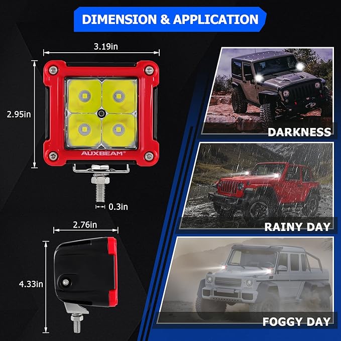 Auxbeam FA Series Red Housing LED Pods, 3 Inch 40W Spot Beam Light Bar, Ditch Off-Road Cube Lights Bumper A-Pillar Hood Mount, with DT Wiring Harness, Pair
