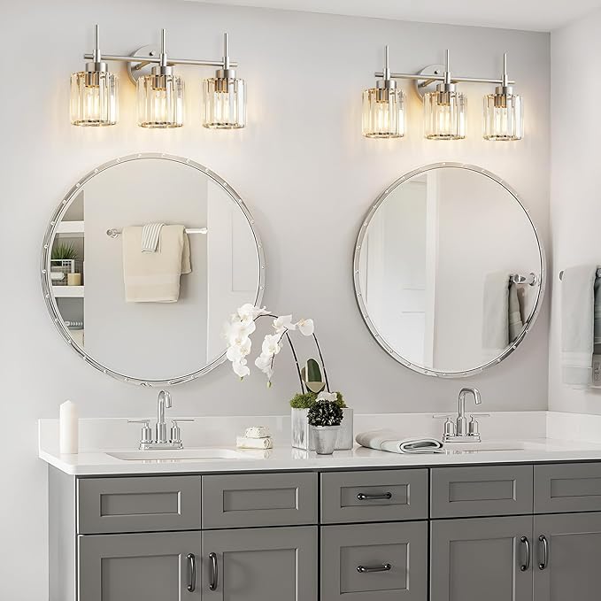 3 Light Crystal Bathroom Light Fixtures, Brushed Nickel Vanity Mirror Lights, Crystal Bath Vintage Wall Mounted Lamps Wall Light Fixtures for Bathroom, Living Room