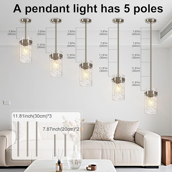 4.72" Hammered Glass Pendant Lighting for Kitchen Island 1 Pack, Modern Brushed Nickel Pendant Light Fixtures, Adjustable Ceiling Pendant Light for Kitchen Island Dining Room Bedroom Hallway