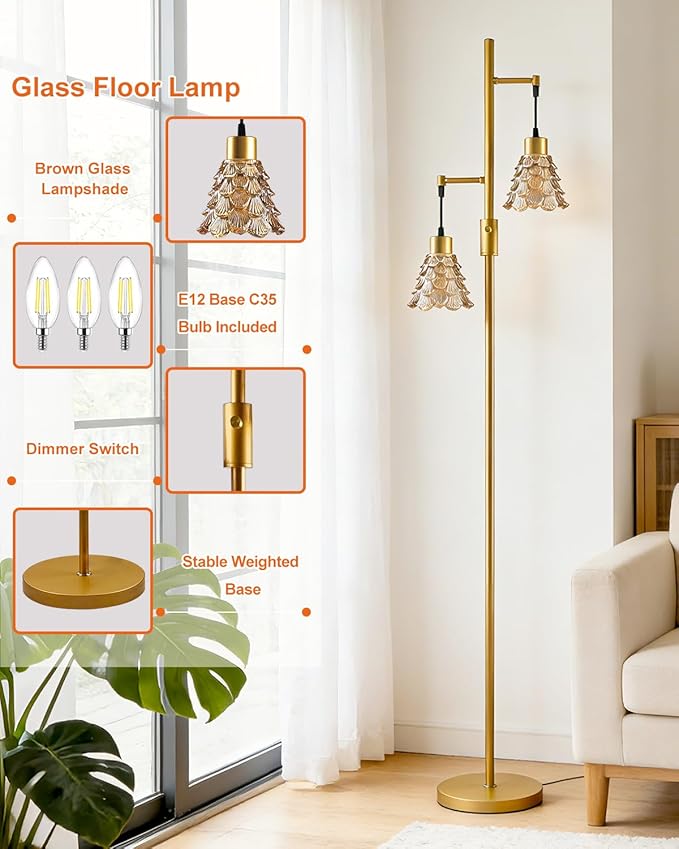 2-Light Glass Floor Lamp, Gold Tall Standing Lamps Dimmable with Brown Glass Lampshade, 3000K Warmwhite Mid Century Modern Floor Lamp for Living Room/Bedroom/Sofa Beside/Home Decor