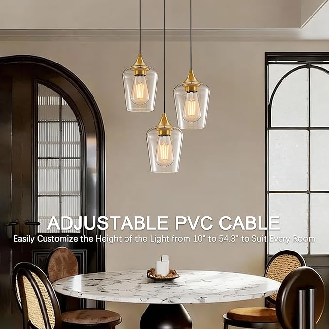 Ralbay Farmhouse Brushed Gold Pendant Light 3-Pack, Pendant Light Fixtures with Wine Clear Glass Shade, Kitchen Island Lighting for Dining Room, Rustic Adjustable Hanging Lighting Fixture