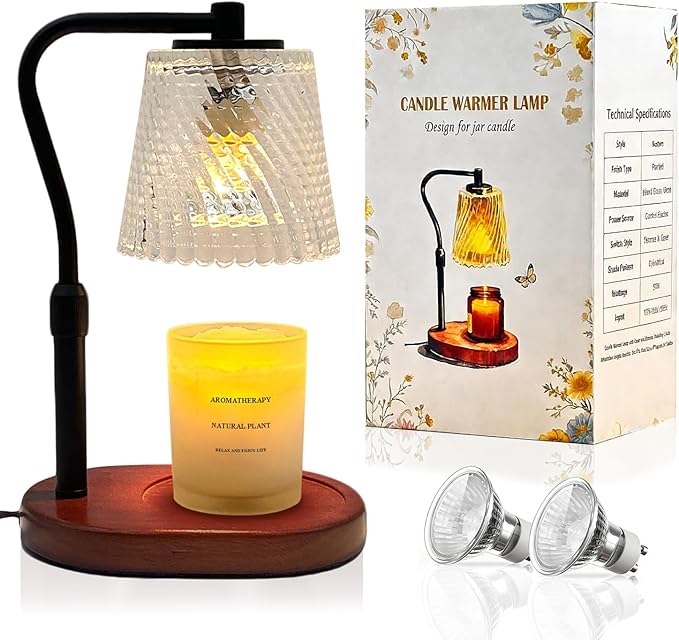 Candle Warmer Lamp with Timer Dimmable, Adjustable Wavy Clear Lamp Candle Warmer for Scented Candles, Housewarming Gift for Spring Home Decor, Women Mom Birthday Gifts with Charming Box & 2 Bulbs