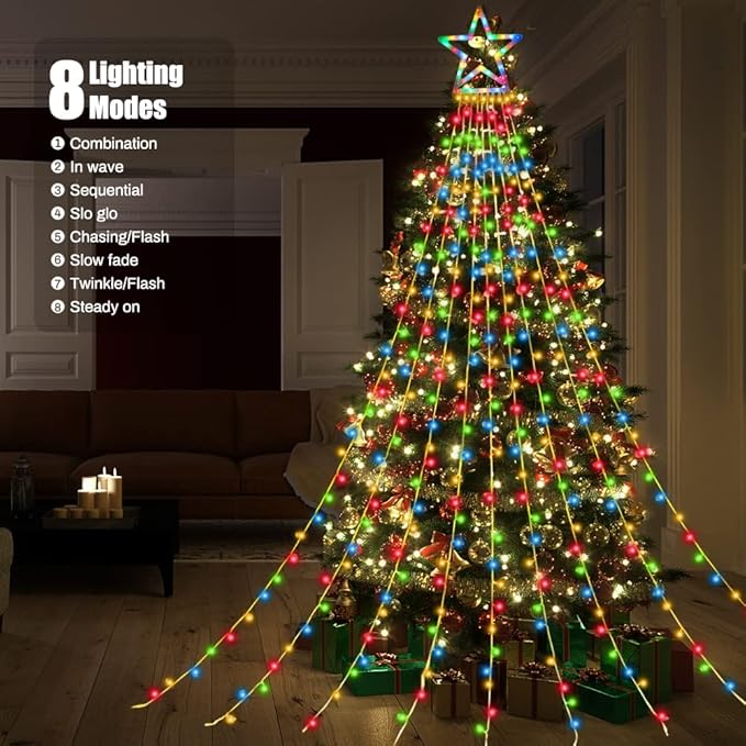 ZTX Christmas Outdoor Tree Light,Christmas Decorations Lights with 8 Lighting Modes,Waterfall Christmas Tree Lighting for Xmas,Halloween,Wedding,Party,New Year Gifts(Multicolor)