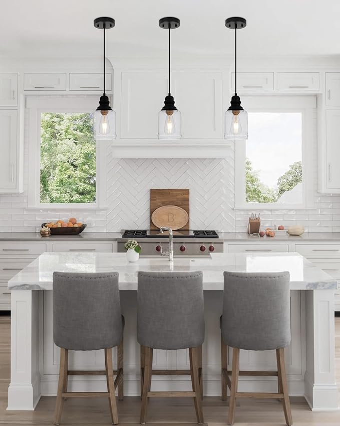 WILON Modern Glass Pendant Lights for Kitchen Island, 6.29" Mini Pandent Light Fixture with Seeded Glass Shade Black Farmhouse Pendant Lights E26 Base Hanging Kitchen Lights for Sink Dinging Room