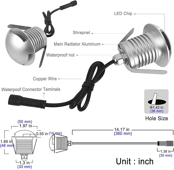 LED In-Ground Well Light,3W,12V-24V DC,IP67 Waterproof Aluminum,Directional Horizontally Outdoor Landscape Lightings,Side View Beam,Warm White (Q1-1 Way)