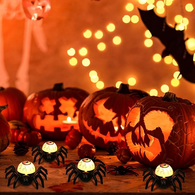 DRomance Halloween Flameless Flickering Candle Lights Battery Operated with 6H Timer, Spooky Spider Red Eyeballs Shaped LED Candles Cute Halloween Decoration Indoor(6 Pack, 2.8" x 3.5" x 1.3")