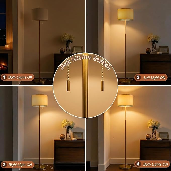 61" Wood Floor Lamp for Living Room 2-Light Standing Tall Lamps Mid Century Modern Floor Lamps for Bedroom Office Nursery Corner Industrial Reading Room Lamp, 3 Color Temperatures 9W Bulbs Included