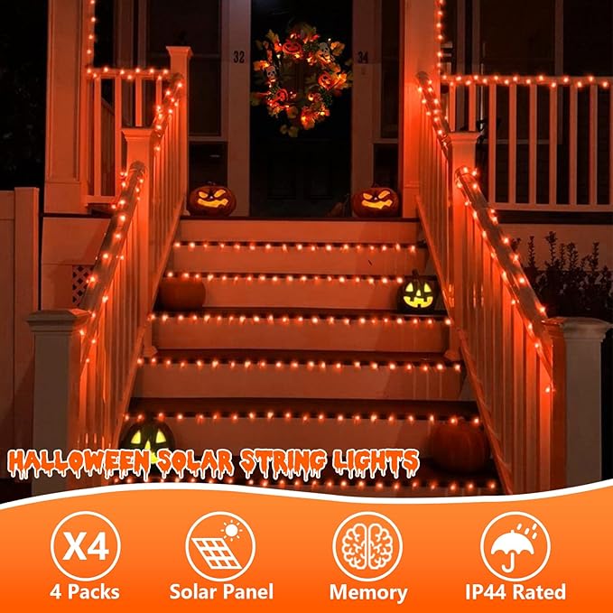 QITONG 4 Pack Orange Solar Christmas Lights, Each 33ft 100 LED Thanksgiving Fairy Lights Outdoor Waterproof, 8 Modes Copper Wire Mini String Lights