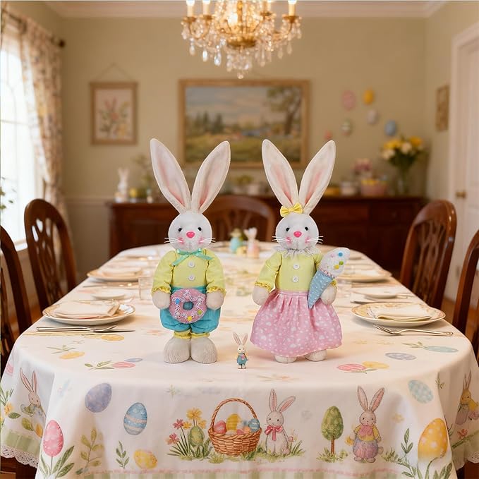 Glintoper 2 Pack Easter Decorations Standing Bunny with Stretchable Legs, 21" to 26" White Rabbits Couple Figurine, Party Favor Photo Props Gifts for Office Kitchen Farmhouse Front Door Spring Home
