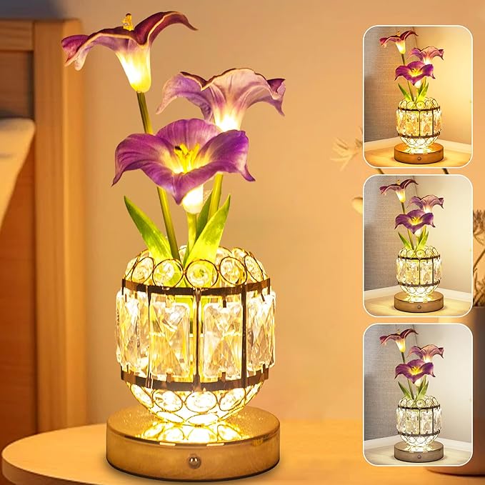Flower Table Lamp, 3-Color Dimmable Artificial Flowers Night Light, Rechargeable Cordless Small Desk Lamp, Morning Glory with Crystal Vase for Party Date Home Decoration (Purple - Morning Glory)