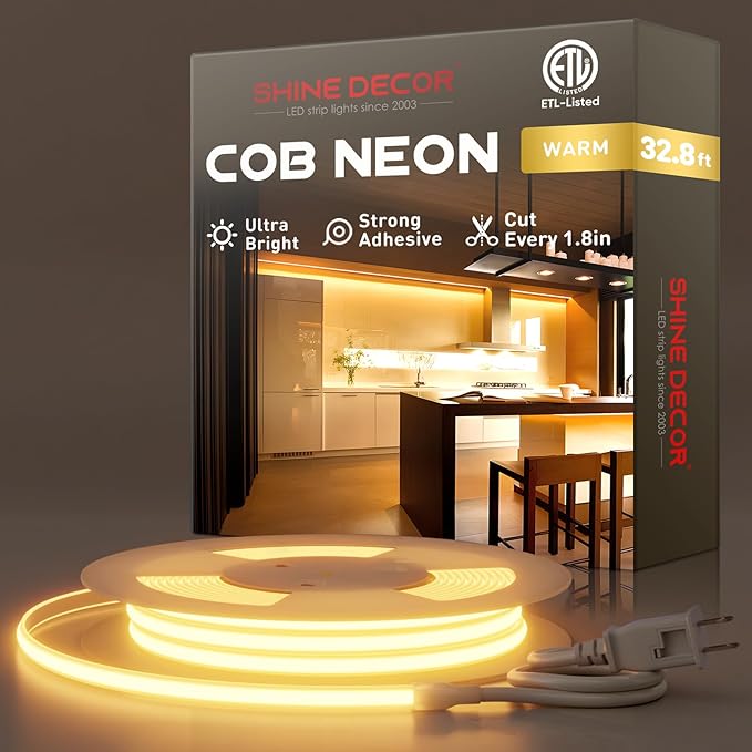 Shine Decor COB LED Rope Light AC 120V, 800lm Ultra Bright, IP65 Waterproof Cold-Resistant ETL Neon Strip, No Driver Tape Lighting for Home Commercial 10x4.5mm, 2800K Warm White, 32.8ft