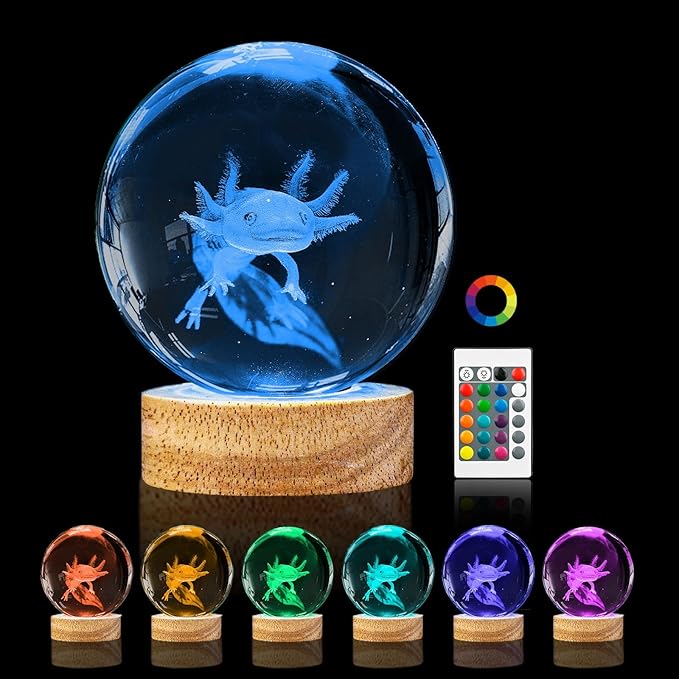 3D Axolotl Crystal Ball Night Light,3.15in k9 Crystal Ball Lamp with 16 Colors Change,Wooden Base and Remote Control Decor Axolotl Gifts for Kids