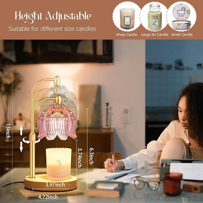 Adjustable Flower Candle Warmer Lamp with Timer, Lotus Tulip Glass Warmer Light for Jar Candles, Electric Wax Warming Melter, Gifts for Women Mom, Vintage Bedroom Decor (Pink)