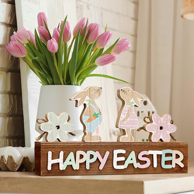 Yousoontic Light up Happy Easter Sign Wooden Easter Bunny Decoration for Home Neutral Bunny Block Rustic Farmhouse Holiday Decorations for Home Dining Room Kitchen Spring Decor
