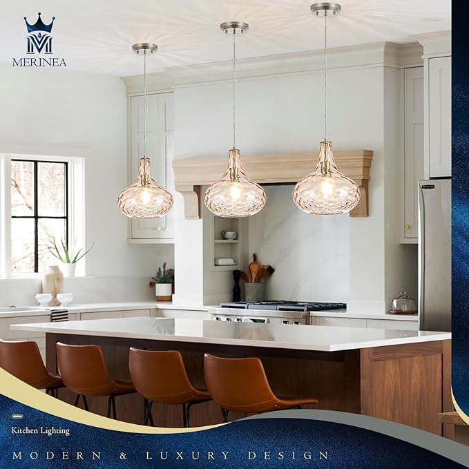 11" Amber Hammered Glass Pendant Light – Brushed Nickel Finish, Adjustable Hanging Cord, Modern Farmhouse Ceiling Light for Kitchen Island, Dining Room, Hallway