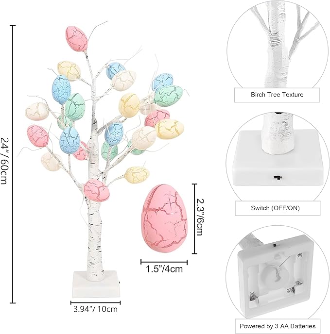 Easter Decorations 2 Pcs 24 Inch Pre-Lit White Birch Tree with 36 Eggs, 24 LED Battery Operated Tree Lights for Party, Home, Dining Table, Easter, Spring Decor