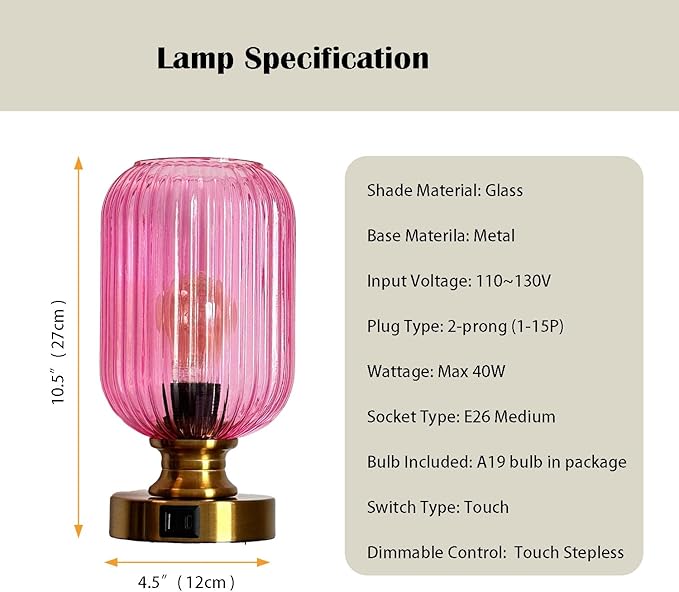 Mid Century Glass Table Lamp,Dimmable Desk Lamp,LED Bulb Included,Touch Control & USB A+C Port,Pink Ribbed Glass