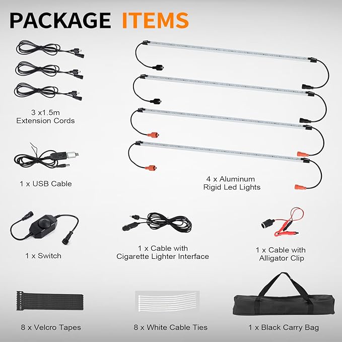 12V LED Interior Light Bar Kit Dimmable IP67 Waterproof Camping String Lights, Aluminum Magnetic Mount Exterior Lights,Portable Lighting for RV, Camping Tent Car Trailer Boat (4 Pack)