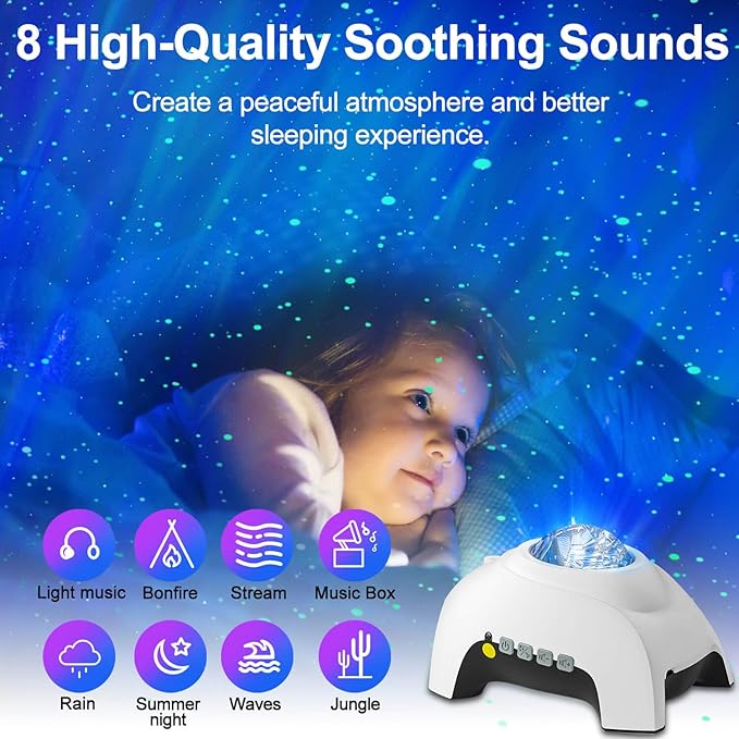 Aurora Star Projector with Bluetooth Speaker & White Noise – Northern Lights Galaxy Night Light for Bedroom, Remote Control Ceiling Projector for Kids & Adults, Home Theater Decor (White)