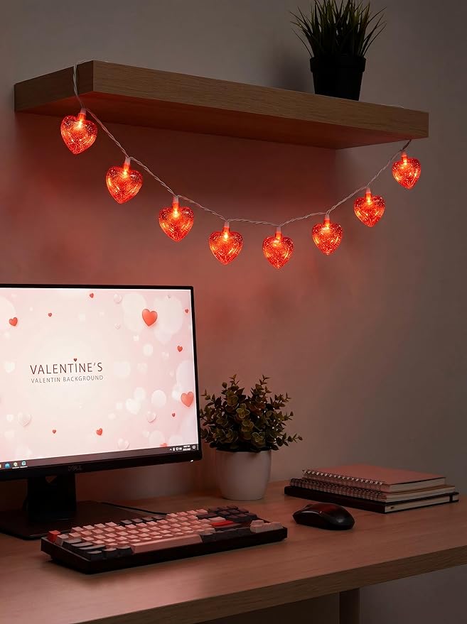 8.5Ft Red Heart Fairy String Lights, Valentine's Day Decor Lights with 10 Red 3D Heart Lights, Connectable Valentine's Day Love Heart Light for Indoor Outdoor Home Wedding Anniversary Party Decoration