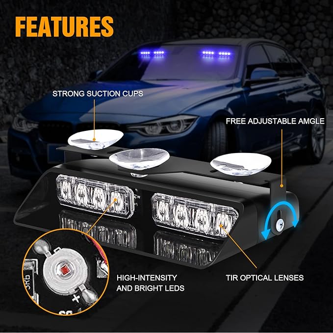 XRIDONSEN 2 in 1 Blue Emergency Dash Strobe Lights Warning Safety Flashing Interior Windshield Lights w/Suction Cups for Ambulance Volunteer Firefighter Police Vehicles Trucks (2×7.16 inch, 16 LED)