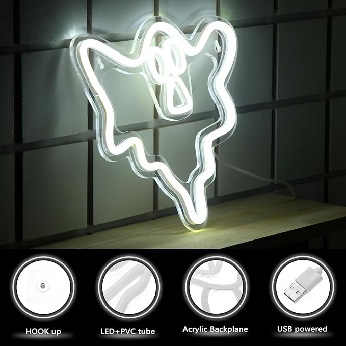 Treela 3 Pcs Halloween Ghost Neon Signs Halloween Neon Window Lights LED Sign Ghost Face Decorations USB Powered Light up Sign for Part Bar Room Wall Decor