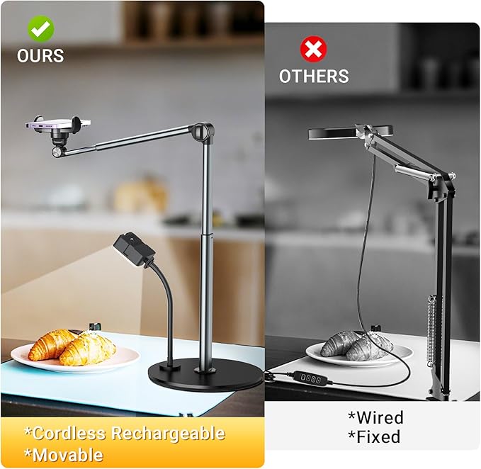 Overhead Phone Mount with Rechargeable Light for iPhone, Table Tripod for Content Creators, Portable Phone Camera Stand for Cooking, Video Recording, Filming, Nail Techs