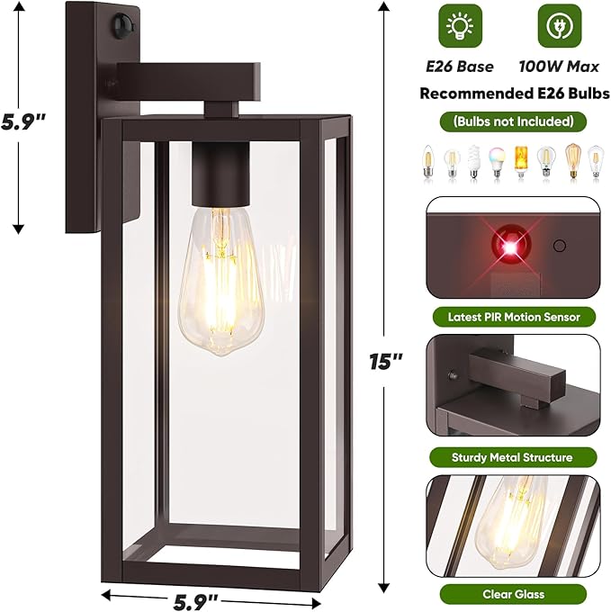 BesLowe Upgraded Motion Sensor Outdoor Wall Lights, 15” Dusk to Dawn Porch Lights Outdoor Wall Sconce Lanterns, 3 Lighting Modes Exterior Lighting Fixtures, Brown Outside Lights for House, 2-Pack