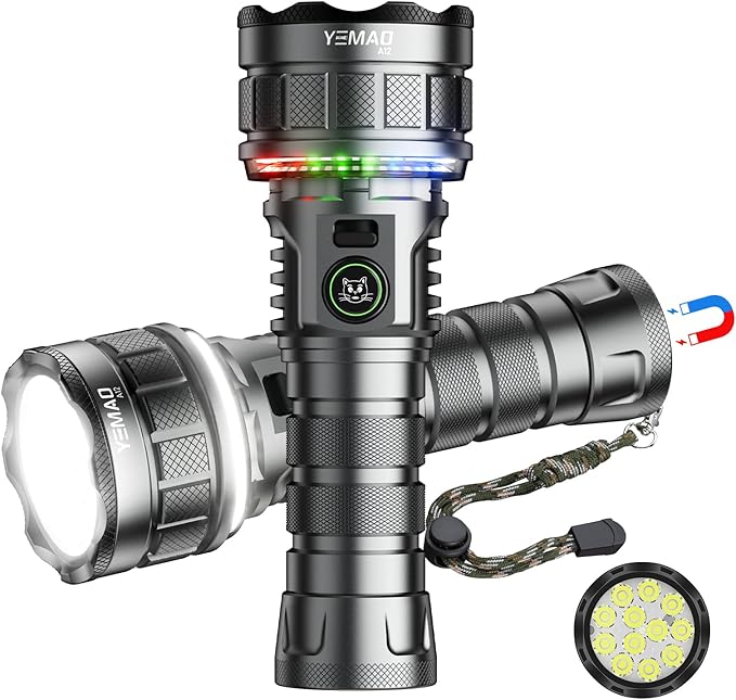 7200 High Lumen Super Bright Rechargeable Flashlight 19 Modes,5000mAh Led RGB Ambient Marquee Flashlight with Memory,High Powered Tactical Flashlight with Camp Light for Home Mergency and Ourdoor Uses