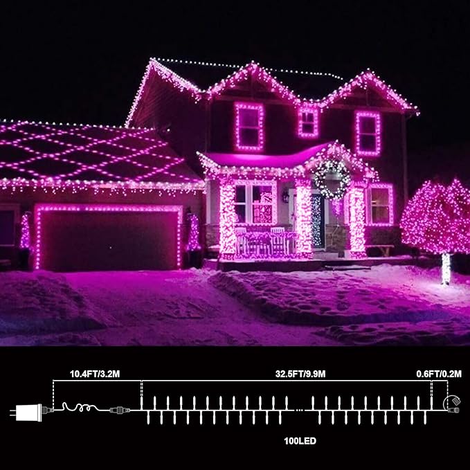 100 LED Pink Valentine Lights, 32.5ft 16Modes Valentine Room Lights, connectable Plug in Pink Christmas String Light Indoor Outdoor for Christmas Bedroom Valentines Party Galentine's Day Decoration