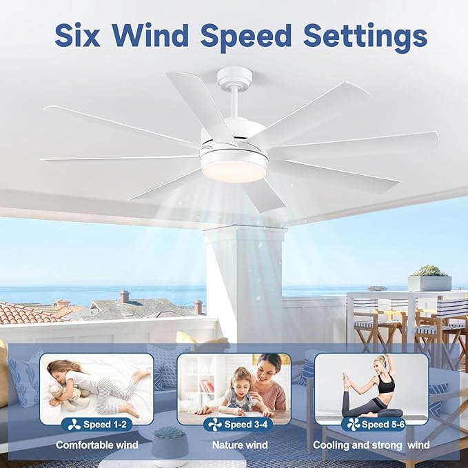 72 Inch Ceiling Fans with Lights, Ceiling Fans with Lights and Remote, Dimmable, Indoor/Outdoor White Modern Ceiling Fan for Kitchen Living Room Patio, Shop Industrial, Dual Finish 8 Blades