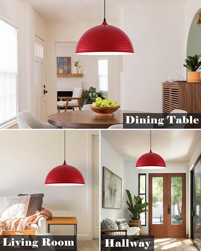 16 inch Red Pendant Light 2 Pack, Hammered Large Industrial Pendant Lights Kitchen Island, Oversive Red Dome Pendant Light for Kitchen Island, Dining Room, Bar