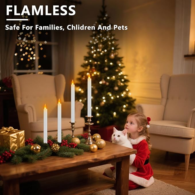 Flameless Taper Candles 10" Dripless Battery Operated Taper Candles Included Remote Timer 400+ Hours by 2AA Batteries for Halloween Christmas Wedding (White, 24 Pack)